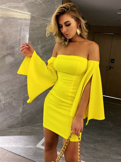 Buy Joyfunear Off Shoulder Split Bell Sleeve Dress In The Online Store Toptrendbrand Flare