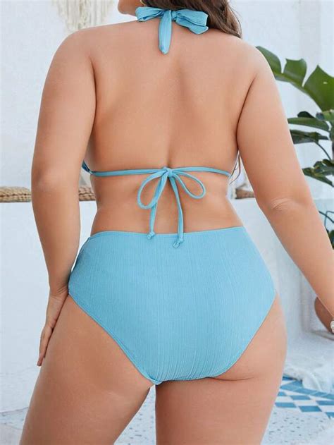 Conjunto De Bikini Acanalado Con Sujetador Halter Y Bottom De Talle