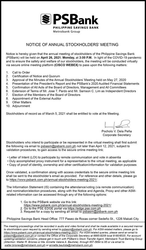 PSBank Notice of Annual Stockholders' Meeting 2/2