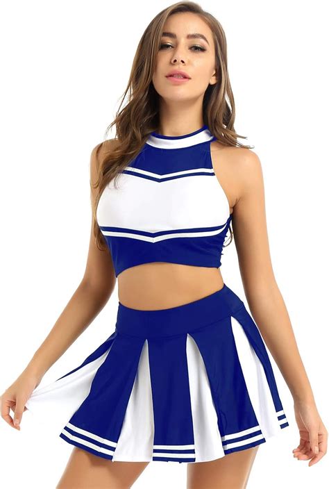 Alvivi Damen Cheerleaderin Kostüm Bauchfrei Crop Tops mit Faltenrock