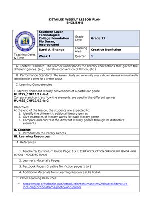 My Lesson Plan And Detailed LP DETAILED LESSON PLAN IN ENGLISH 9 SRF