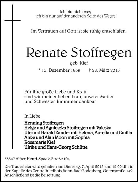 Traueranzeigen Von Renate Stoffregen Ga Trauer De