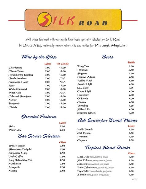 Menu at Silk Road Gourmet Chinese Restaurant, Pittsburgh, Grove Rd Ste 1