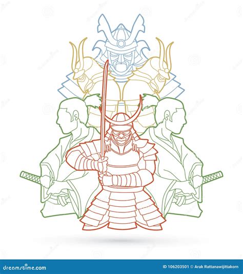 Group Of Samurai Ready To Fight Composition Graphic Vector Stock