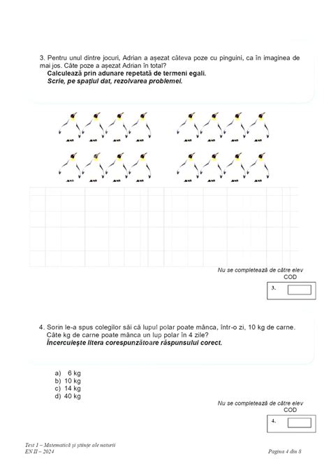 Evaluare Națională 2024 clasa a II a Subiectele la proba de Matematică