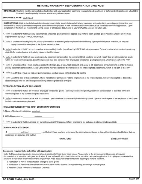 DD Form 3145 1 Retained Grade PPP Self Certification Checklist DD Forms