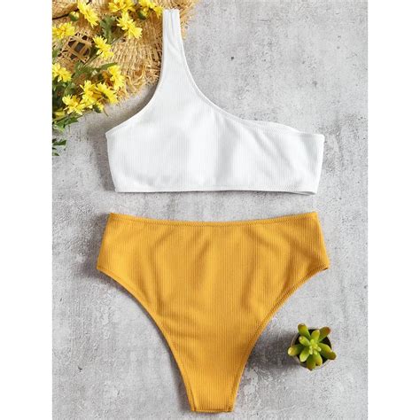 Zaful 2019 New Two Tone High Rise One Shoulder Bathing Suit Swimwear