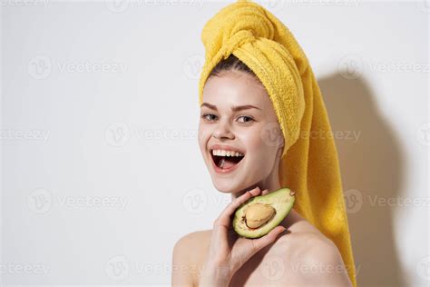 Pretty Woman Naked Shoulders Avocado In Hands Natural Cosmetics Health