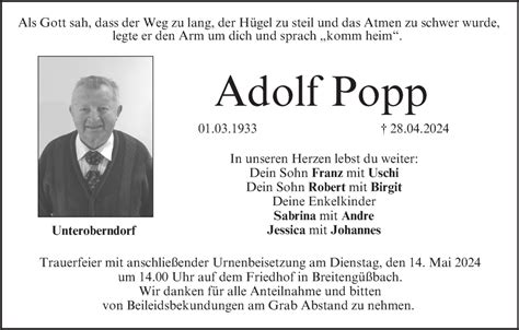 Adolf Popp Traueranzeige Trauer Infranken De