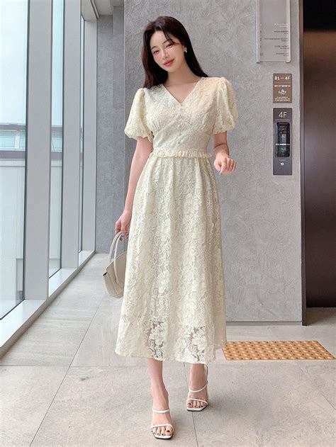 Lace V Neckline Puff Sleeves Waist Cinched Long Short Sleeve Dress For