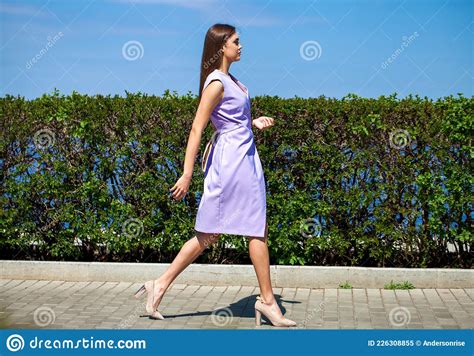 Full Length Portrait Of A Young Beautiful Woman In A Lilac Dress Stock Image Image Of Elegance