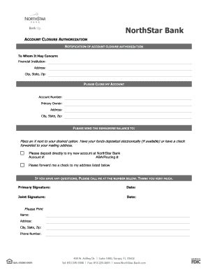 Fillable Online Account Closure Authorization Form NorthStar Bank Fax