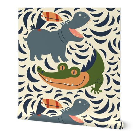 Hippo Hive // Alligator, Hippo & Toucan Wallpaper | Spoonflower