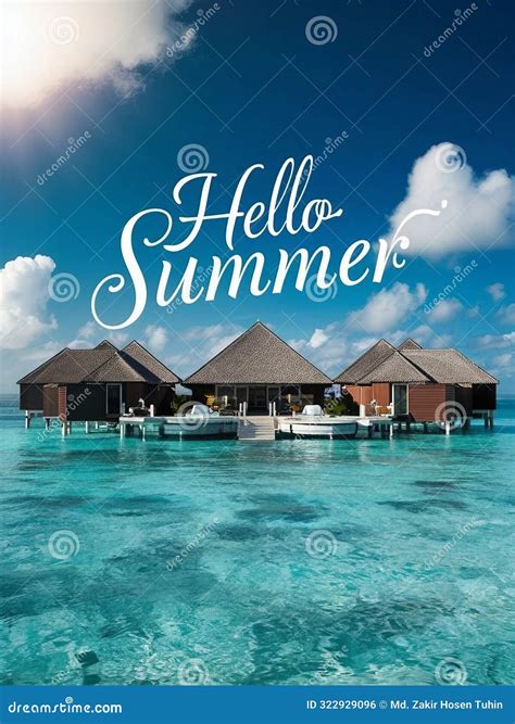 Overwater Bungalows in Turquoise Waters Hello Summer Tropical Scene