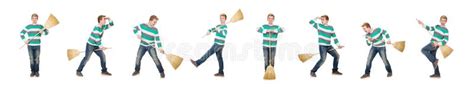 Funny Man With Mop Isolated On White Stock Image Image Of Funny