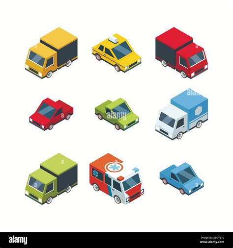 Set Of Isometric Cartoon Style City Cars Transport Car 3d Isometric