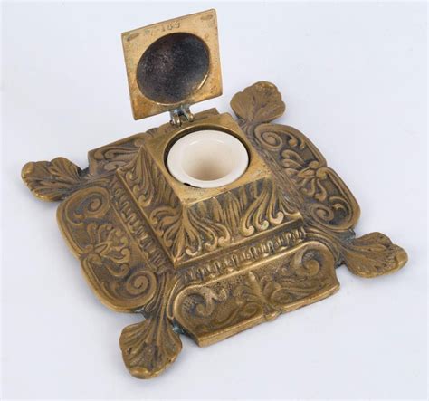 1870s English Brass Ink Well With Ceramic Pot Writing Inkwells