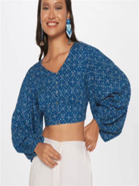 Buy Global Desi Geometric Printed V Neck Puff Sleeve Blouson Crop Top