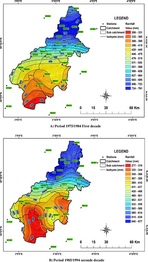 Mapping of annual rainfall totals for different time periods. A Period ...