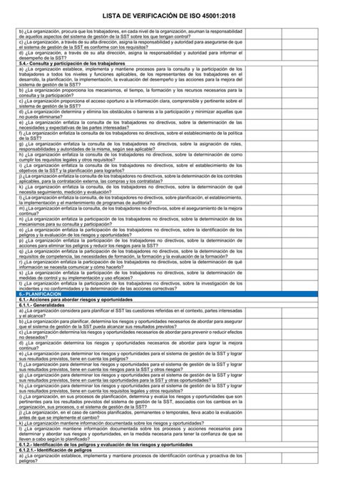 Lista De VerificaciÓn De Iso 45001pdf