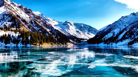 Lake Snowy Peak Trees Nature Valley P Kazakhstan Mountains