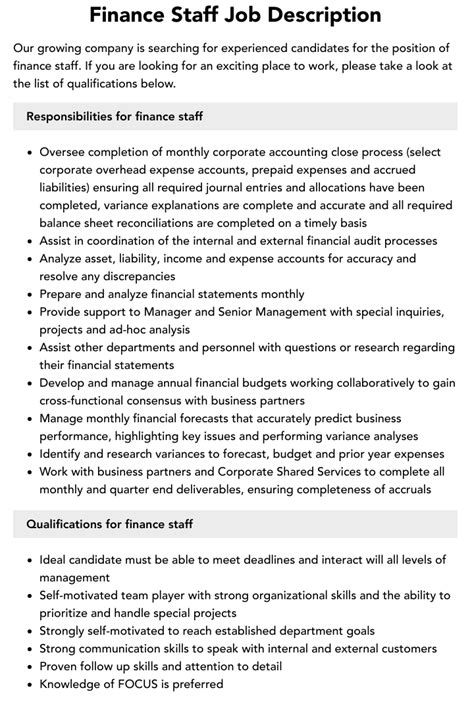 Finance Staff Job Description Velvet Jobs