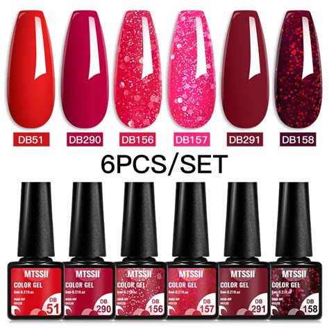 Mtssii 6PCS Set Red Gel Nail Polish Set Glitter Sequins Semi Permanent