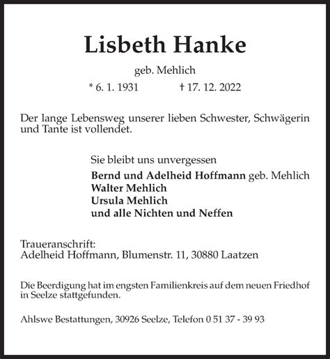 Traueranzeigen Von Lisbeth Hanke Trauer Anzeigen De