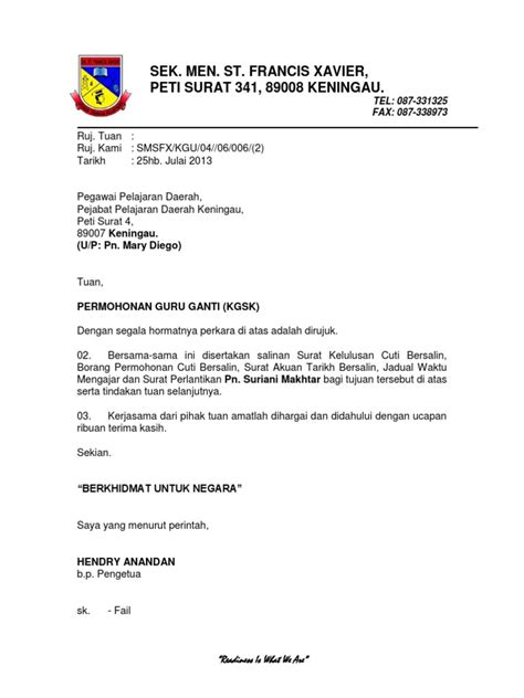 Contoh Surat Permohonan Guru Ganti Kepada Ppd Historyploaty