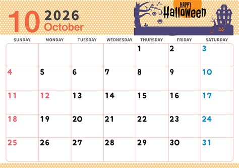2026年10月横型の日曜始まり ハロウィンイラストのおしゃれA4無料カレンダー｜素材デザイン王