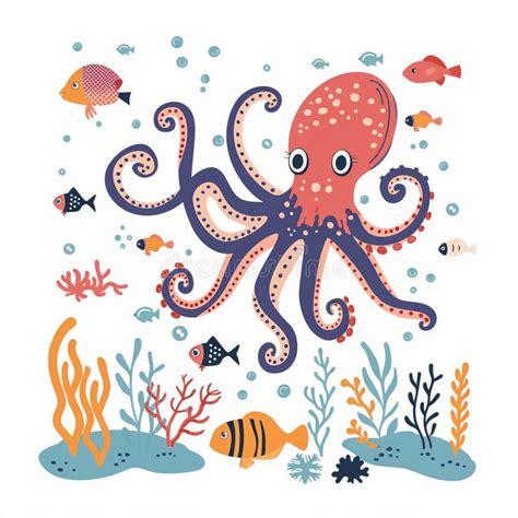 Large Octopus And Small Tropic Fish Floating Underwater Corals And