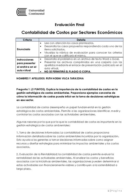 Evaluaci N Final Contabilidad De Costos Por Sectores Econ Micos Ruth