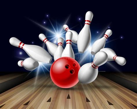 Red Bowling Ball Crashing Into The Pins On Bowling Alley Line