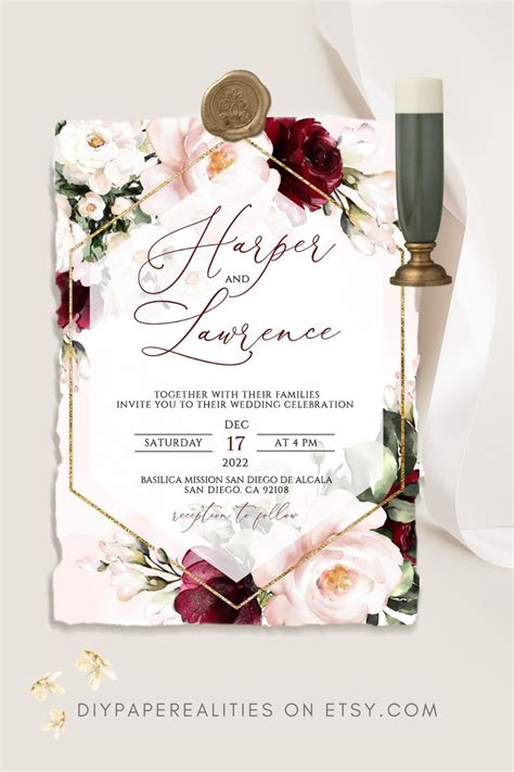 Harper Burgundy Wedding Invitation Template Marsala Blush Invite