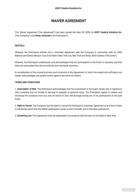 Free Waiver Agreement Templates Editable And Printable