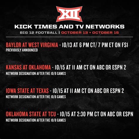 FBSchedules On Twitter Big 12 Kickoff Times And TV For Weekend Of