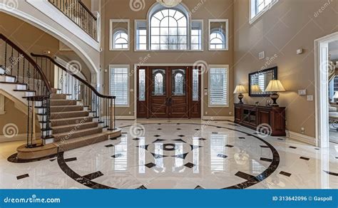 A Spacious Two Story Entry Foyer Shines With Marble Mosaic Tile