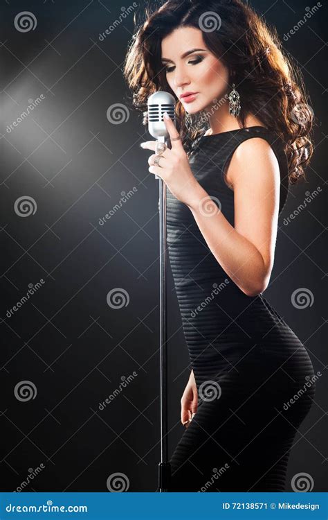 Beautiful Singing Girl In Karaoke Beauty Woman With Retro Microphone