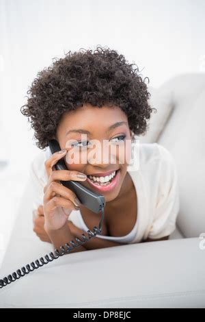 Laughing Natural Brunette Phoning Stock Photo Alamy