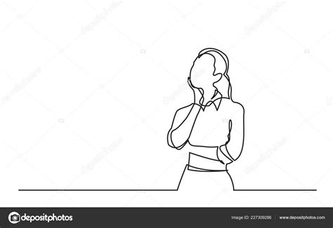 Continuous Line Drawing Standing Woman Thinking — Stock Vector © One