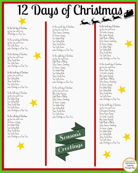 Lyrics To 12 Days Of Christmas Printable