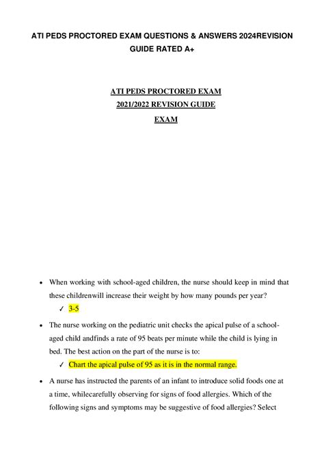 ATI PEDS PROCTORED EXAM QUESTIONS ANSWERS 2024 REVISION GUIDE RATED