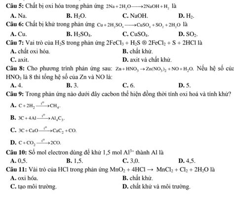 Câu 5 Chất Bị Oxi Hóa Trong Phản ứng 2na 2h 0→2naoh H Là В Н О Câu 6 Chất Bị Khử Trong