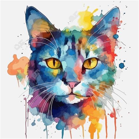 Um gato olhos amarelos e nariz azul é pintado em um fundo branco