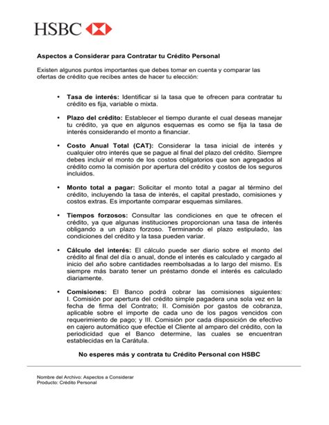 Aspectos a Considerar para Contratar tu Crédito Personal