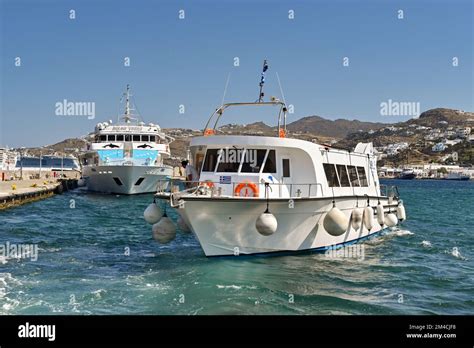 Mykonos Greece June 2022 Small Ferry Boat Arriving In The Town S