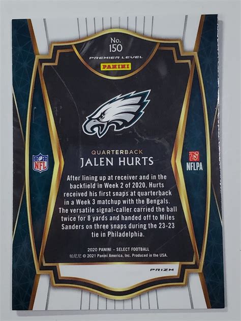 Jalen Hurts 2020 Panini Select Premier Level Rookie Silver Prizm 150