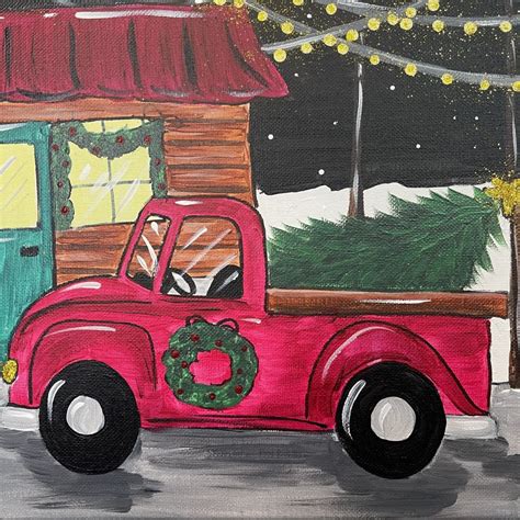 Little Red Truck with Christmas Tree Painting Class for Ages 6-Adults - Artsy Rose Academy