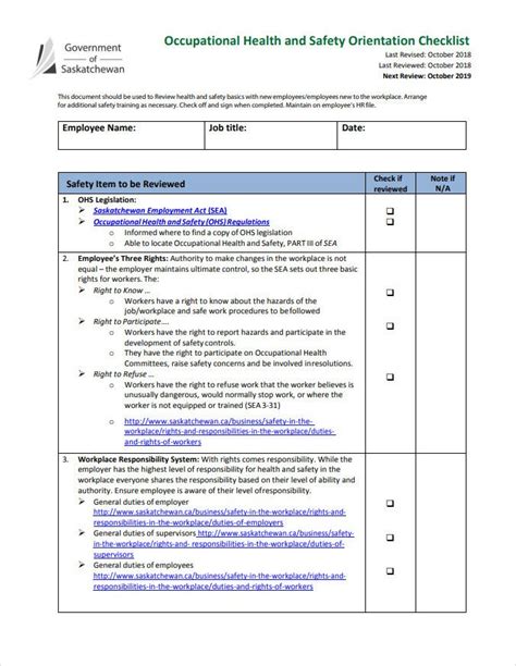 Printable Orientation Checklist Template