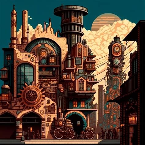 Premium Photo | Cartoon image of a steampunk city stylized as pixelart